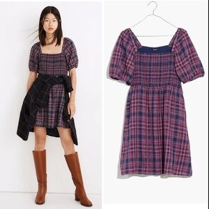 Madewell | Lucie Puff-Sleeve Smocked Mini Dress in Rockfern Plaid Size Small